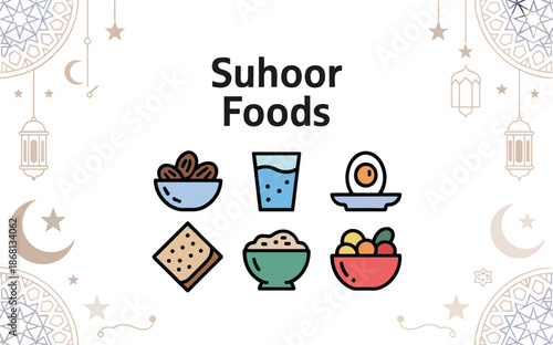 Suhoor foods for ramadan fasting with dates and other nutritious options for pre dawn meal Vector illustration