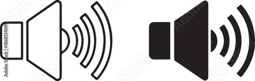 Audio speaker icons with sound waves. Outline and filled loudspeaker symbols for media player interface and web UI design eps