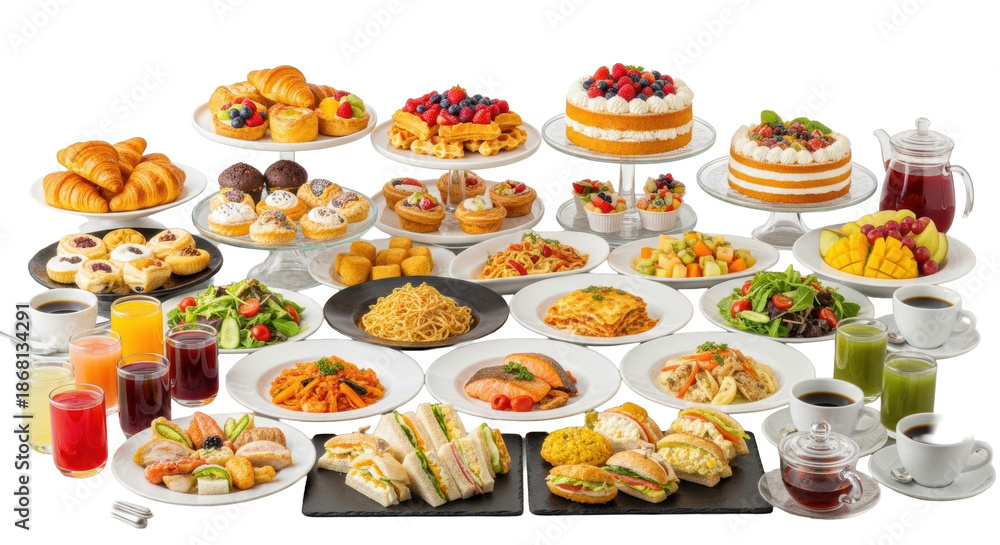 Fototapeta premium Lavish gourmet buffet with diverse pastries, fruits, and roasted meats on multi-tiered dishes, rustic wooden table, white background, concept of luxury hospitality