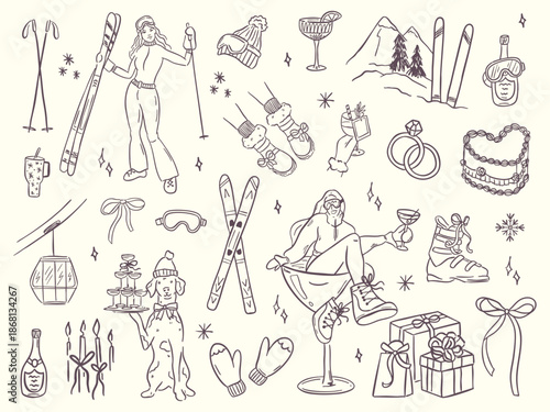 Hand drawn winter ski and apres ski illustration set in whimsical doodle style. Includes skiers, snowboard, clothing, equipment, cocktails and holiday elements. Cute line art, vintage look, isolated