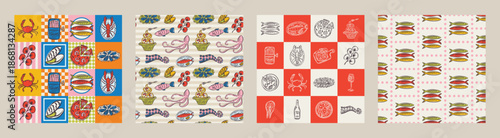 Whimsical hand drawn sea food seamless pattern in trendy whimsical style. Perfect  background for quirky italian wedding holiday, poster cards, dinner and bar menu, fabric, wrapping paper