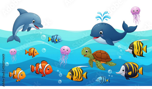 Cartoon tropical sea animals funny fish turtle dolphin whale and jellyfish vector illustration isolated on transparent background