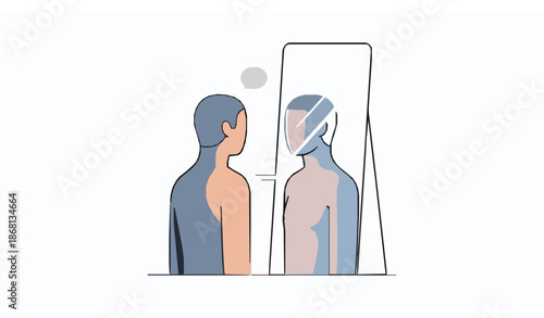 Minimal Person Looking into Mirror Self Awareness Vector Illustration