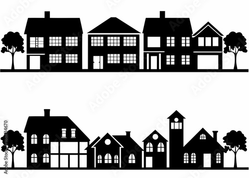Black silhouettes of various houses and trees on white background