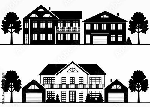 Modern suburban homes with garages and trees