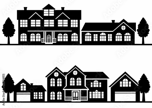Silhouette of various modern houses with trees on white background