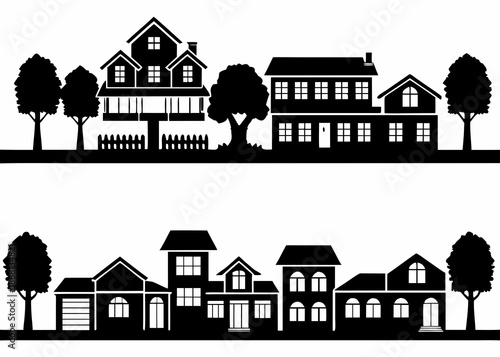 Silhouette of various houses and trees in a suburban neighborhood