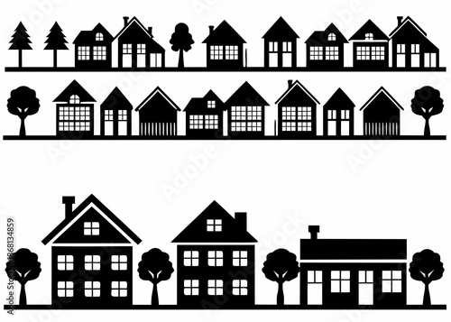 Black silhouette houses with trees on white background