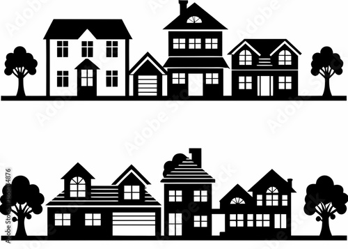 Black silhouettes of various houses and trees on white background