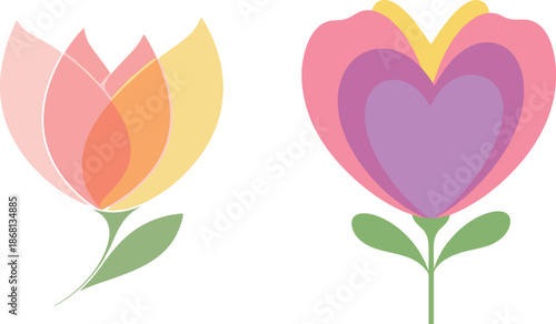 Heart shaped flower illustration set with colorful romantic floral design