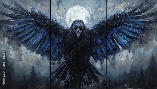 Mystical raven triptych with the raven centered in oil textures, while feathers dissolve into omens and shadowy skies on side panels.