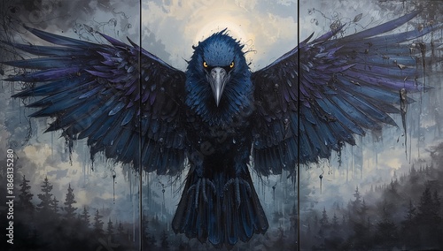 Mystical raven triptych with the raven centered in oil textures, while feathers dissolve into omens and shadowy skies on side panels.