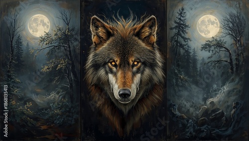 Oil-painted mystical wolf triptych where the center panel shows a glowing wolf spirit with luminous eyes