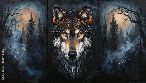 Oil-painted mystical wolf triptych where the center panel shows a glowing wolf spirit with luminous eyes