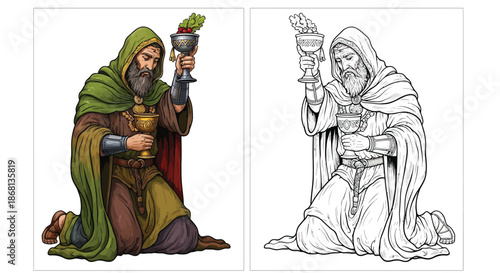 Kneeling Man Holding Ornate Gold Goblet Decorated With Fresh Fruit and Floral Patterns