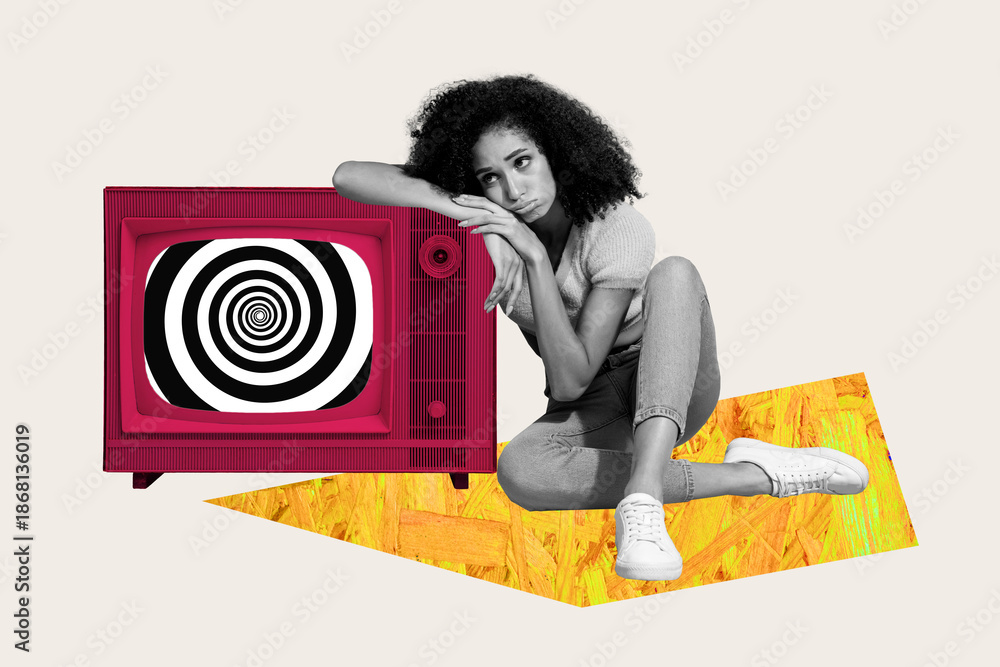 © deagreez - Trend artwork 3D photo collage of ads electric frequency vintage tuner display hypnosys young lady upset face sit twirl figure wavy spiral