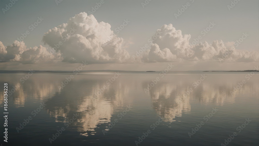 Fototapeta premium Serene Reflection of Fluffy Clouds Over Calm Water at Sunset.