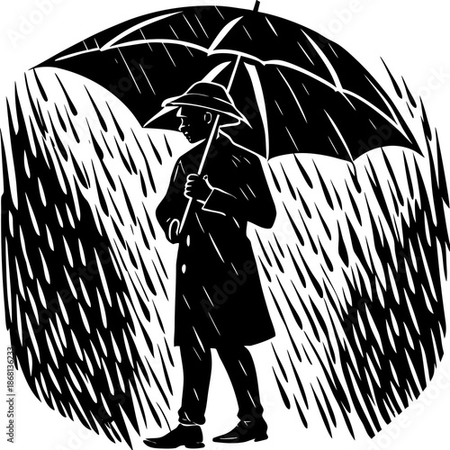Silhouette of rain with umbrella, weather vector isolated on White Background