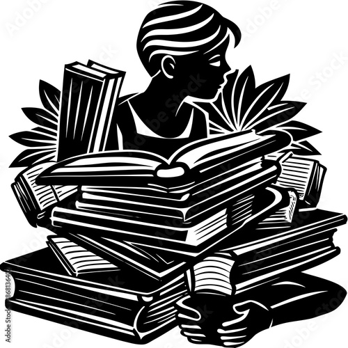 Silhouette of book stack with reading person, education vector isolated on White Background