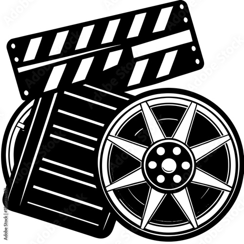 Silhouette of film reel and clapperboard, movie vector isolated on White Background