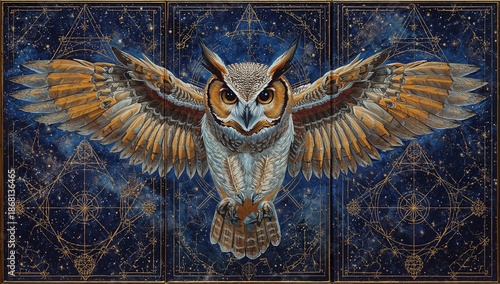 Owl guardian triptych painted in oil style, with the central owl staring forward, and side panels expanding into star-filled night skies and sacred geometry.