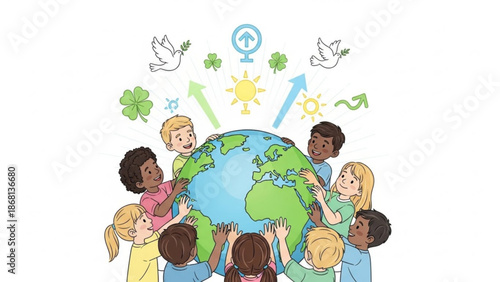 Diverse children holding the Earth symbolizing global unity and environmental care with symbols of peace and growth