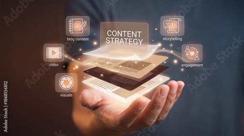 Businessman showcasing digital content strategy with icons
