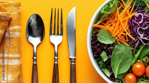 White bowl mixed-greens salad on yellow: hi-res health copy-space, 4K ready for fitness e-hero or nutrition banner
