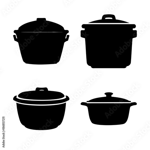 Stylized Black and White Silhouette Collection of Covered Cooking Pots