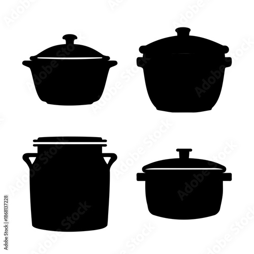 Stylized Black Silhouette Depiction of Various Cooking Pots and Pans with Lids
