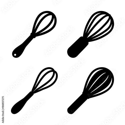 Four kitchen whisk designs for cooking and baking on white background