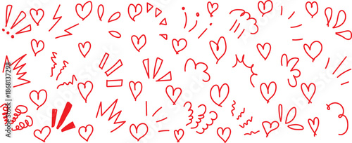 A collection of black hand-drawn doodles on graph paper. This image features a charming and energetic collection of hand-drawn red doodle elements against a clean white background. The assortment