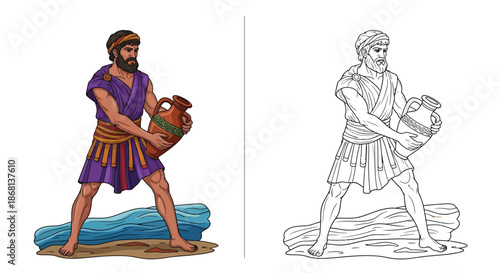 Traditional Man Holding Clay Water Jug Illustration in Color and Line Art Formats