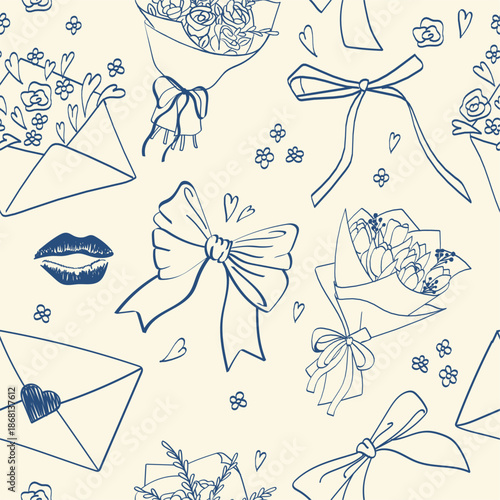A seamless pattern with vintage, hand-drawn blue ink, flirty elements. Sweet bows, a bouquet of roses, a bunch of tulips, a lipstick mark, and envelopes with love letters.