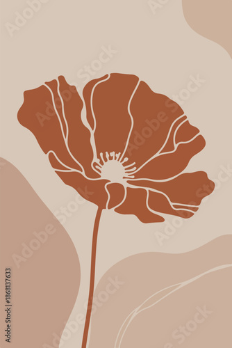 Abstract Poppy Flower Illustration in Minimalist Style. Modern Minimal Floral Wall Art with Terracotta Flower. Mid Century Modern Poppy Flower Illustration in Earth Tones. Aesthetic Botanical Flower 