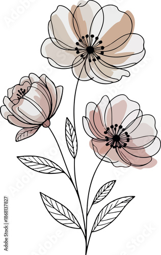 Minimal Floral Line Art Illustration with Blush Flowers. Minimal Floral Line Art Botanical Illustration for Wall Decor. Modern Botanical Line Drawing Flower Illustration. oft Blush Floral Line Art 