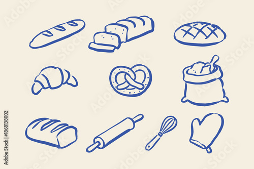 Bread baking icons hand drawn outline vector illustration