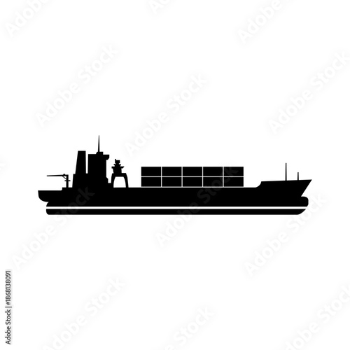 Black silhouette of a cargo ship from the side