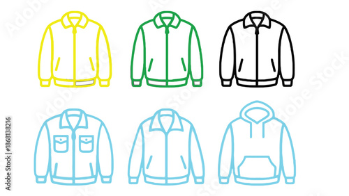 A collection of various jacket styles and designs on a white background