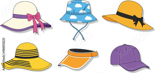 Fashionable Summer Hats Illustration Set Including Sun Hats and Baseball CapFashionable Summer Hats Illustration Set Including Sun Hats and Baseball Cap