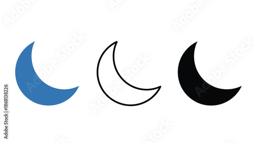 Three crescent moon icons in different colors on a white background