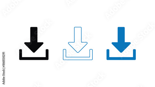 Three download icons in black, white, and blue on a clean background