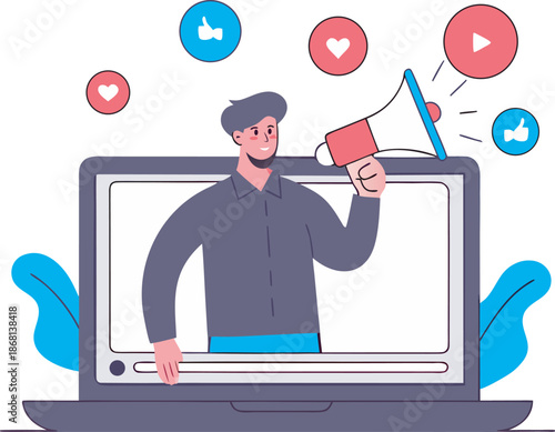 Social Media Video Promotion with Megaphone Influencer Marketing Flat Vector Illustration