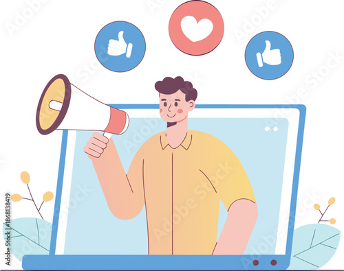 Digital Marketing Promotion with Megaphone and Social Media Engagement Concept Vector Illustration