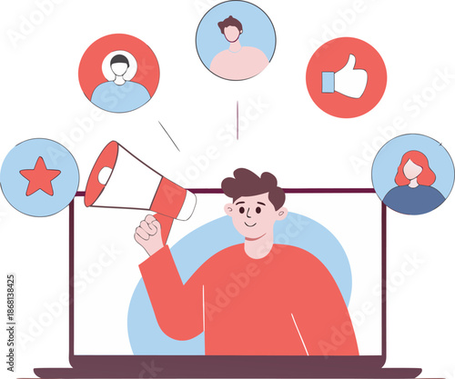 Influencer Marketing Announcement with Megaphone and Social Media Engagement Flat Vector Illustration