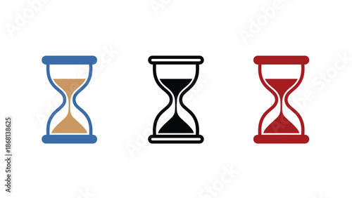 Three hourglass icons in different colors on a white background