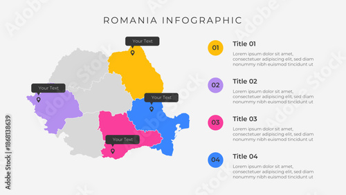 Romania map infographic template with 4 options. Romania administrative map infographic for presentation.