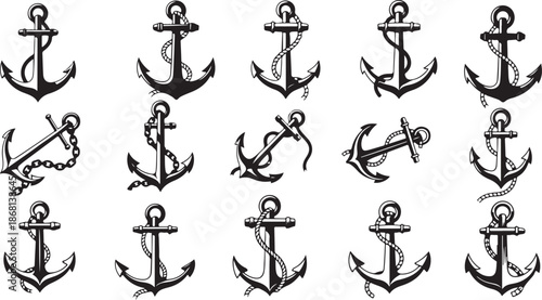  Black anchor icon set vector silhouette .eps