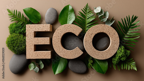 Eco word made of cork with green leaves and stones on brown background