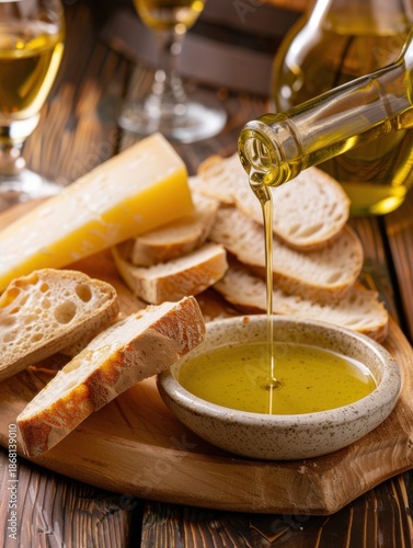 Italian olive oil tasting event with bread and cheese at a wine bar in the evening